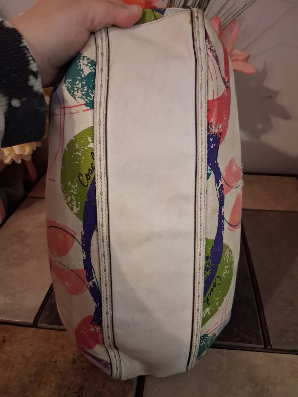 Coach Multicolor Canvas Shoulder Bag with White Leather Trim